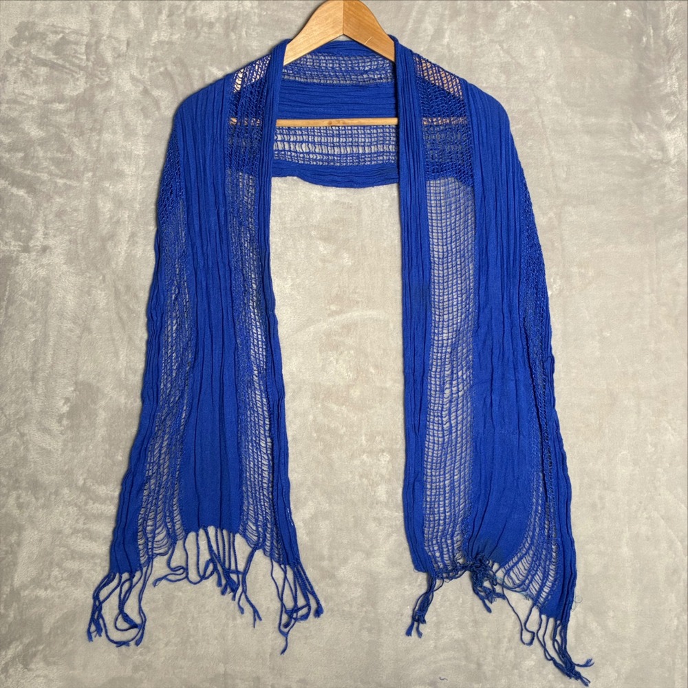 Hand made Royal Blue Open Knit Crochet Fringe Scarf Lightweight Boho Shawl Wrap